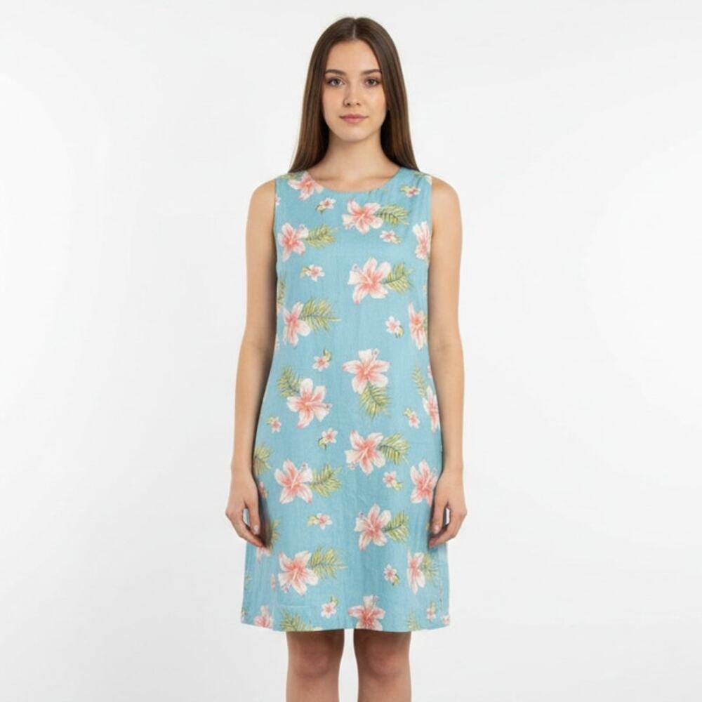 PINEAPPLE MOON Silk Dress Womens Medium Blue Ocean Floral Hibiscus Hawaiian